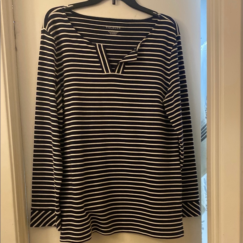 Talbots Navy Blue and White Striped Long Sleeve Sailor Collar Blouse,New w/o Tag